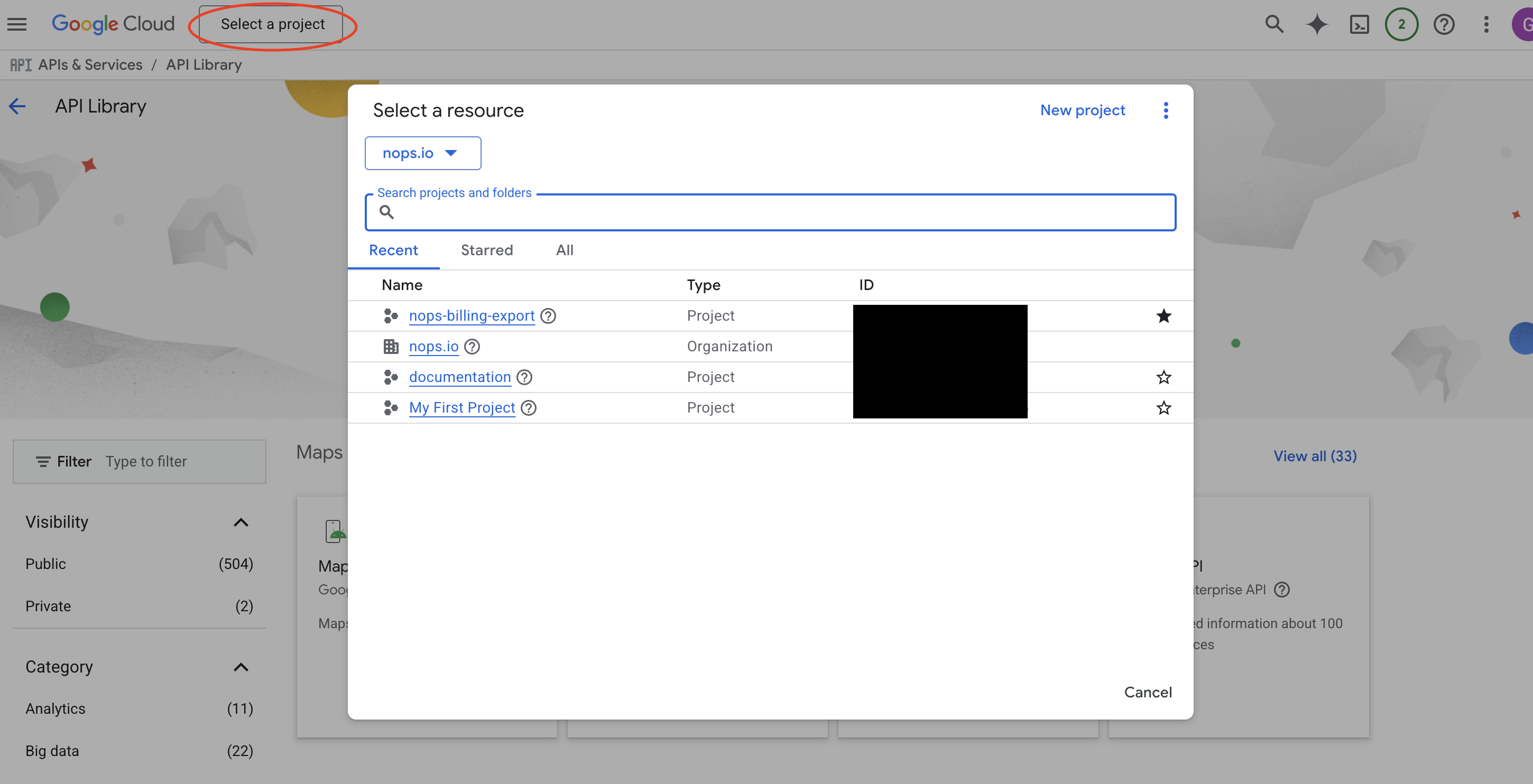 APIs Library and Enable select project
