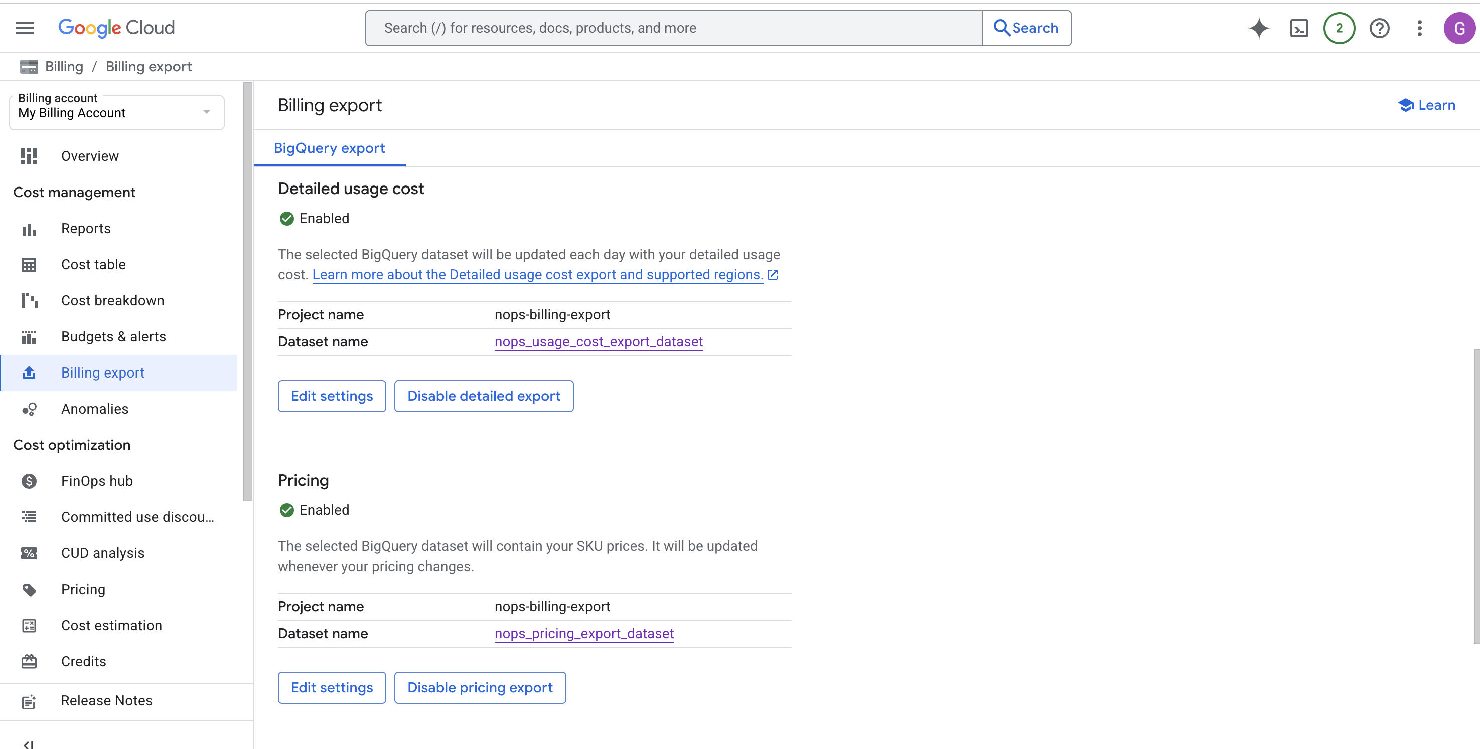 Billing Export page showing dataset links