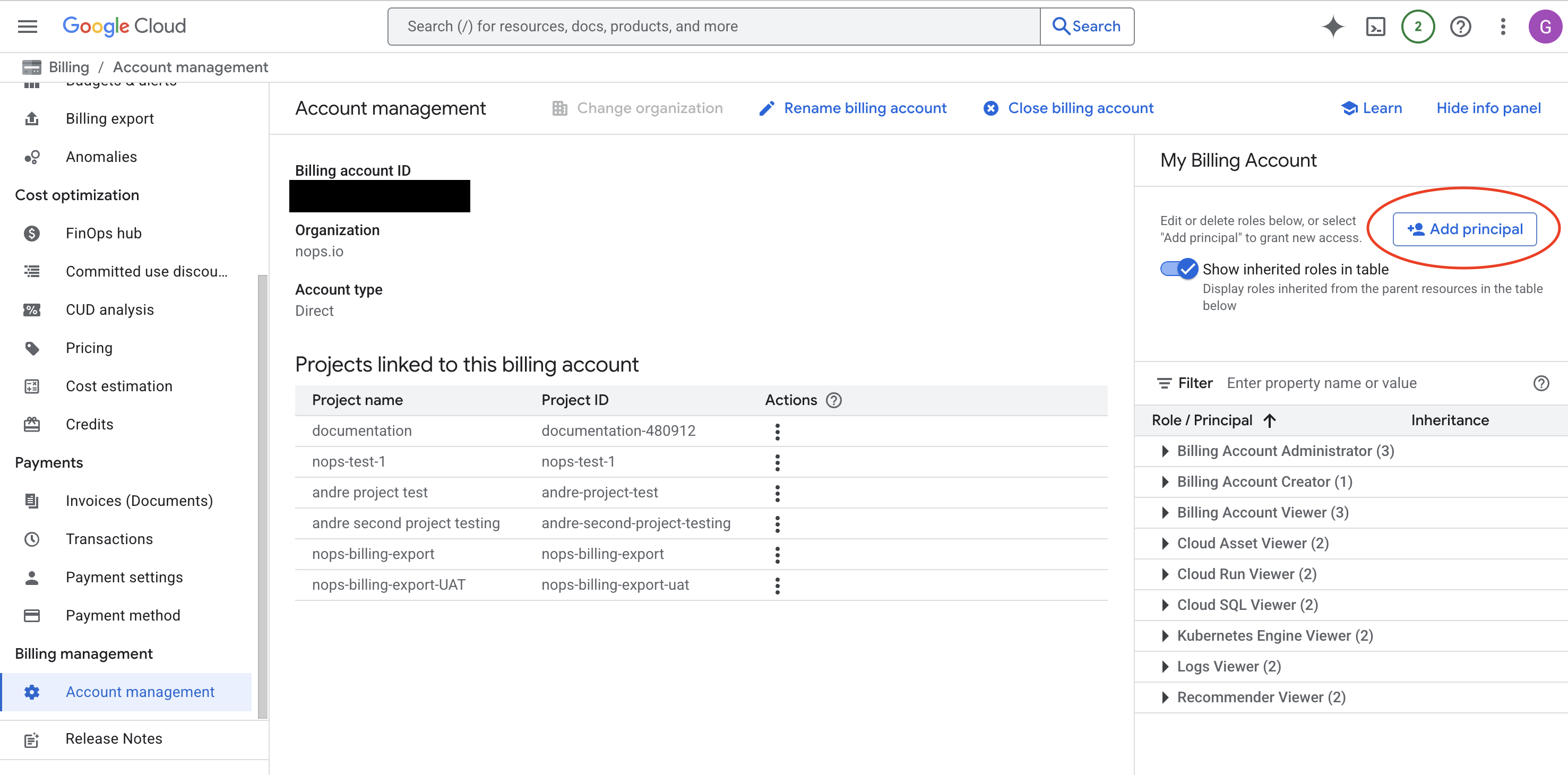 Info panel with Add Principal