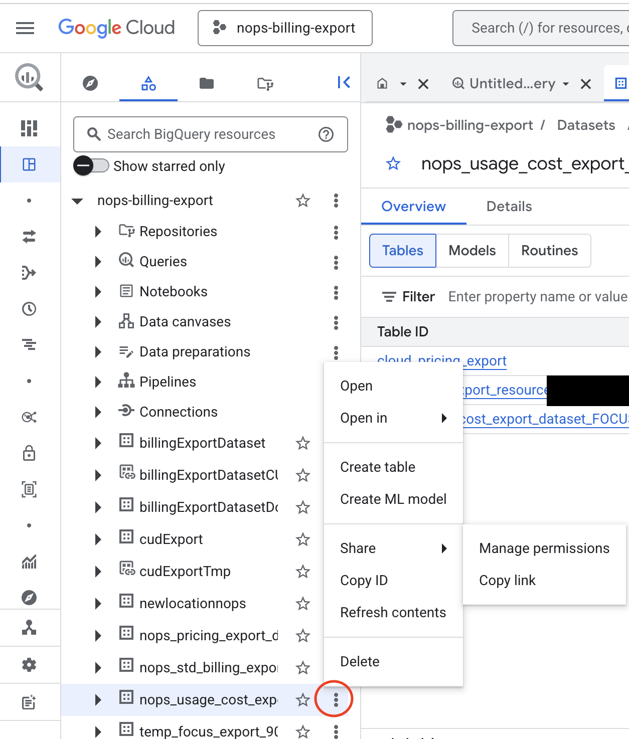 BigQuery Share > Manage Permissions menu