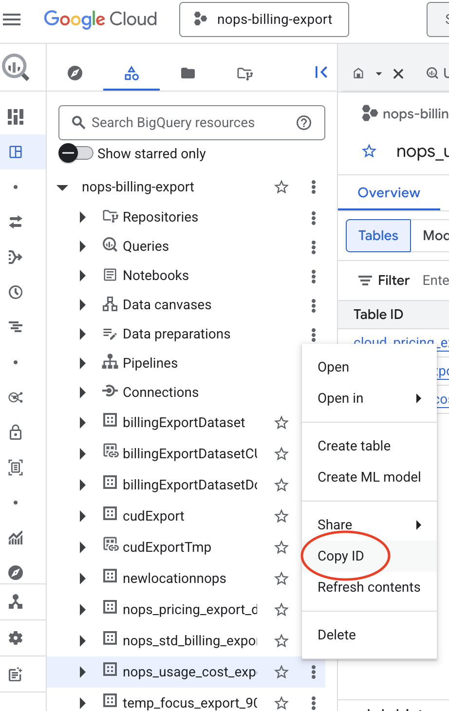 Copy ID from dataset menu