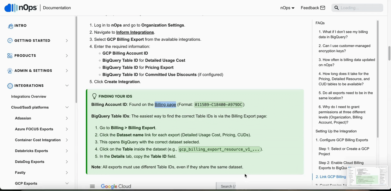 GIF showing linking of gcp billing data to nOps