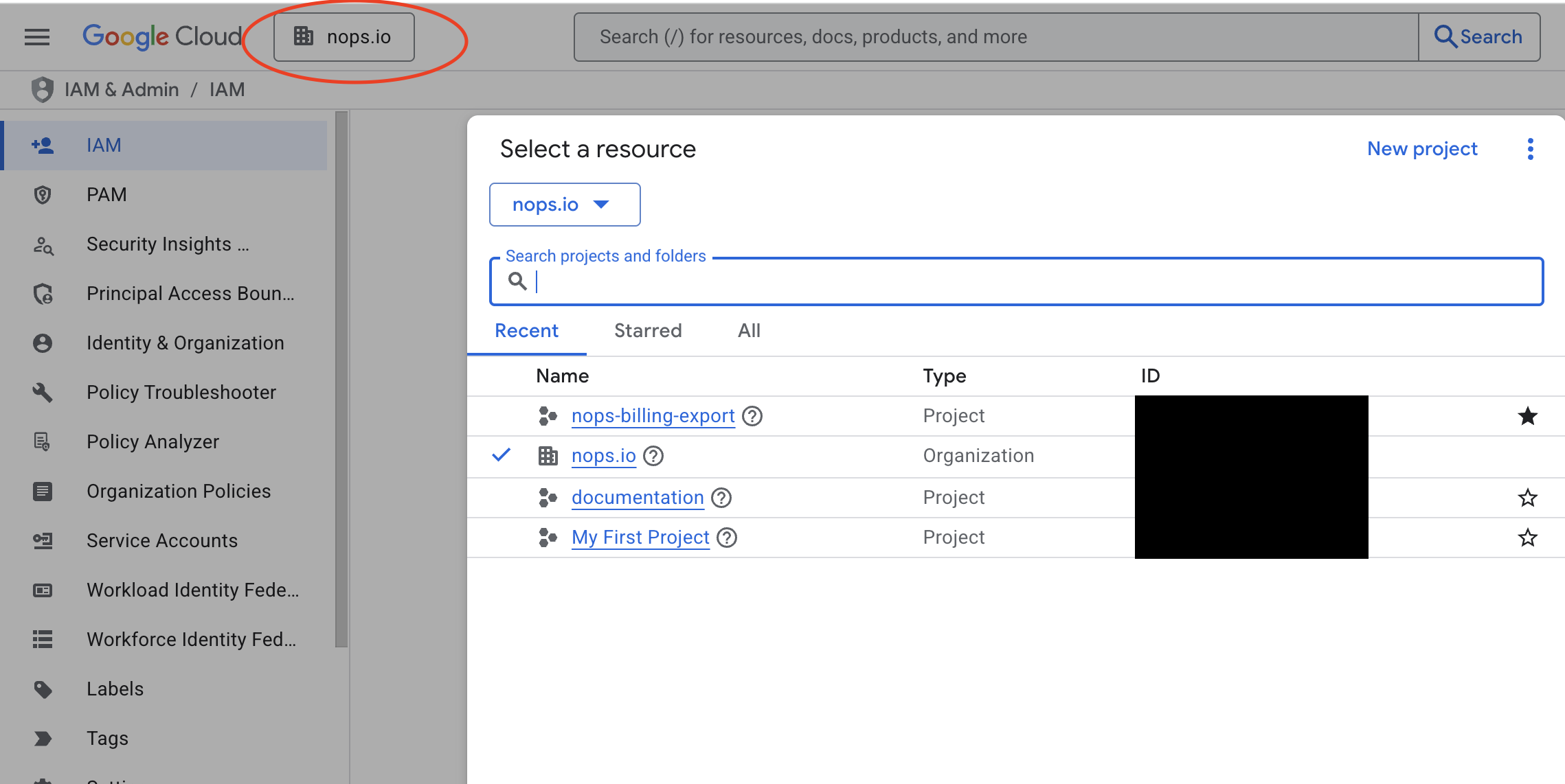 Organization selector dropdown