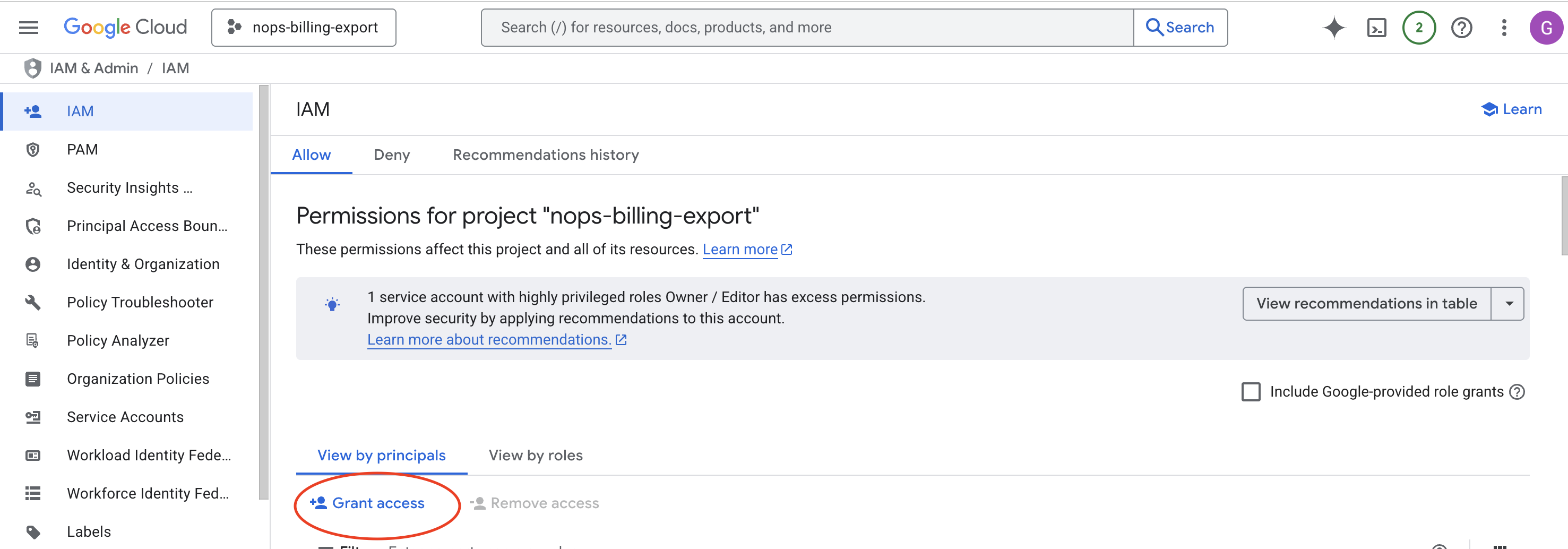 Granting BigQuery Resource Viewer role - Step 1