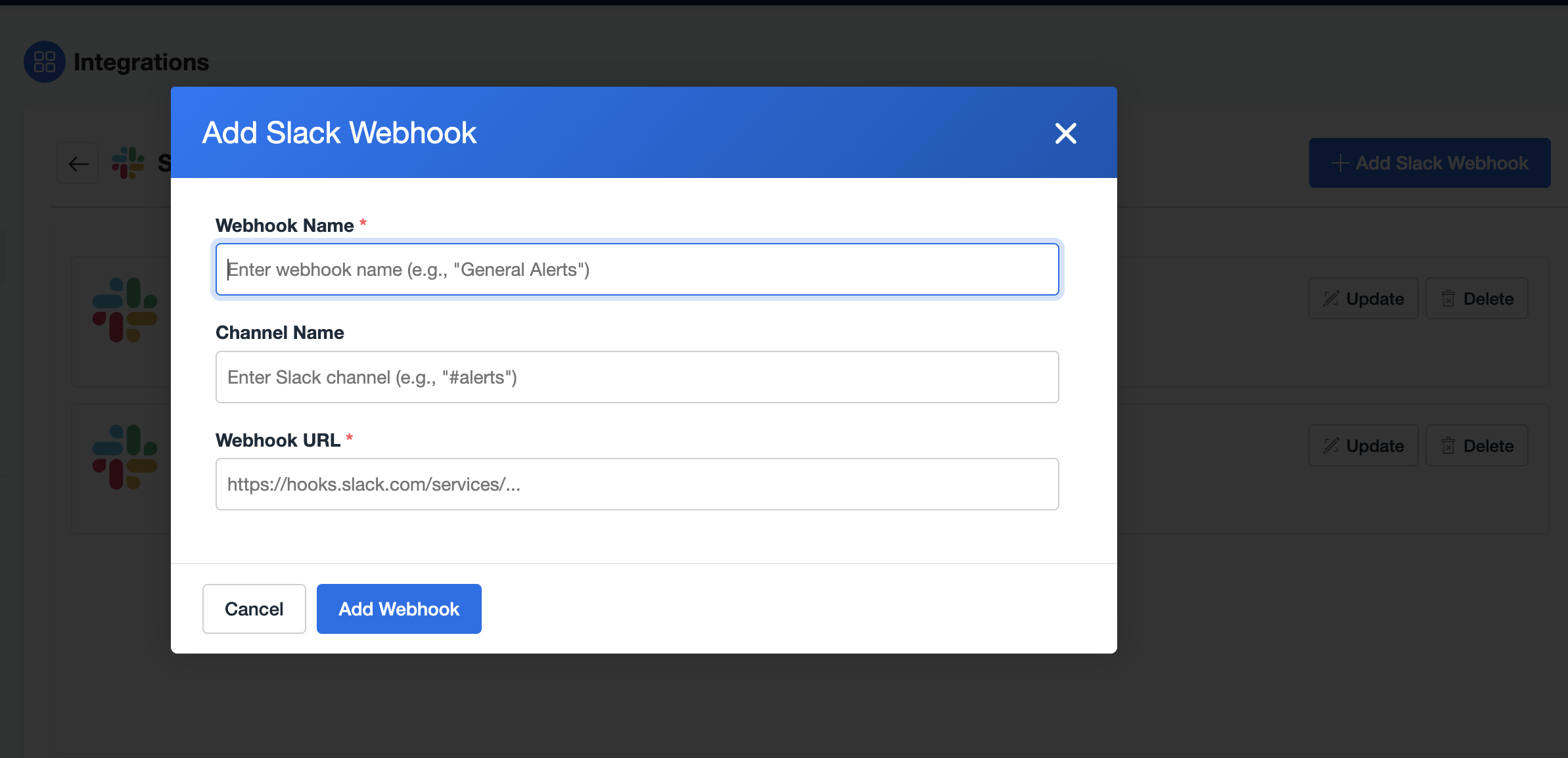 Add Slack Webhook modal