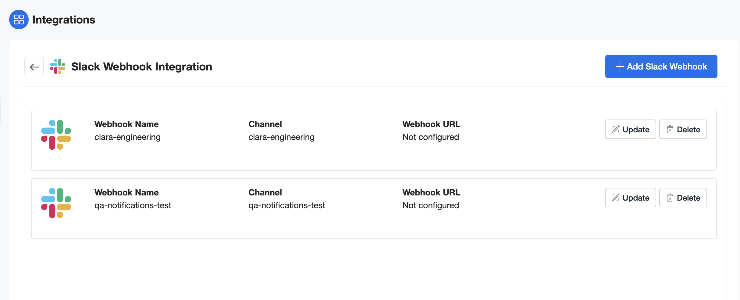 Slack webhooks list